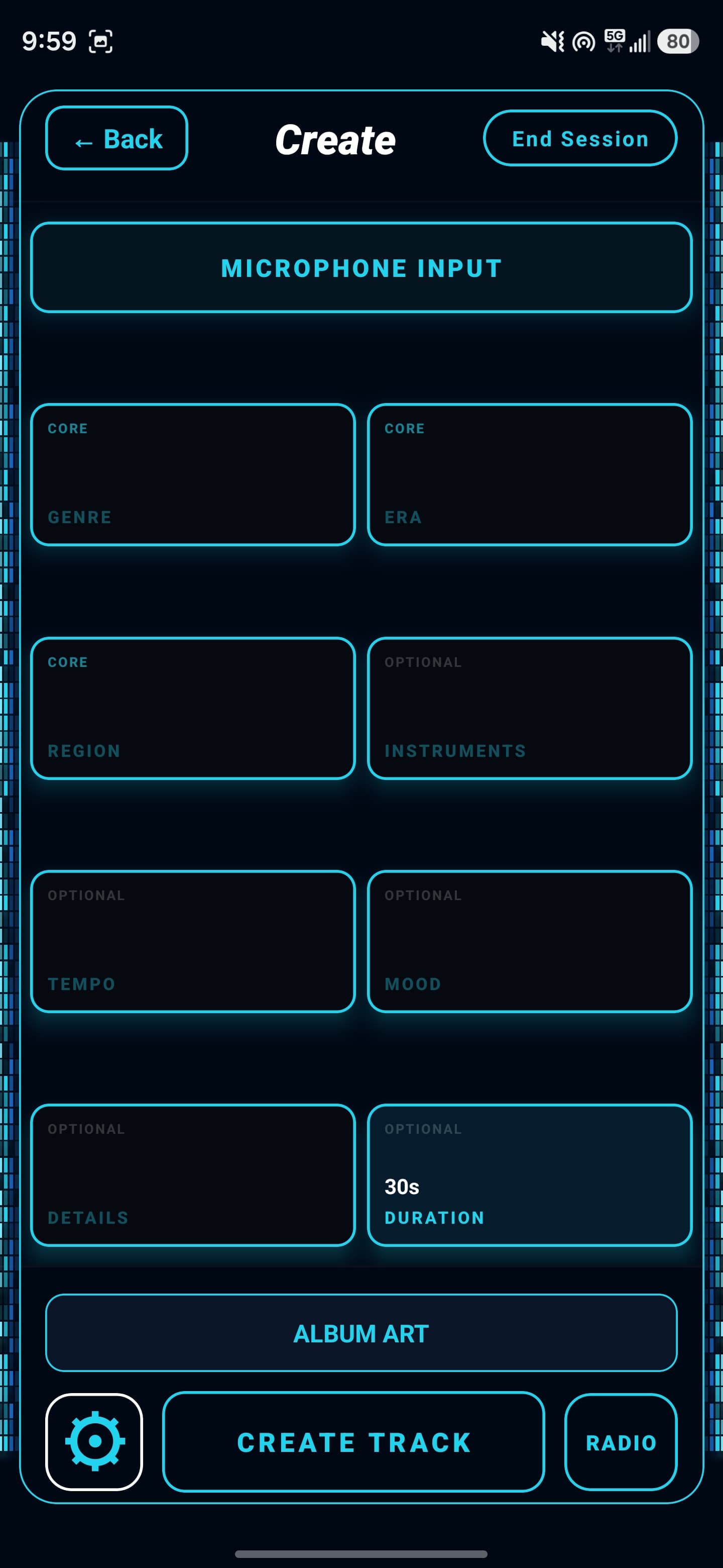 Creator Rapid's Create screen, showing genre, era, region, instrument, tempo, mood, and duration selectors