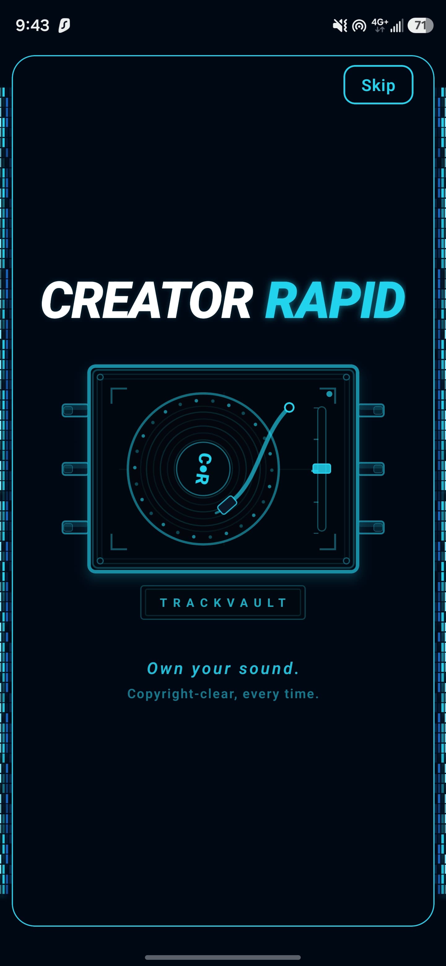 Creator Rapid's splash screen, featuring a turntable-styled vault animation